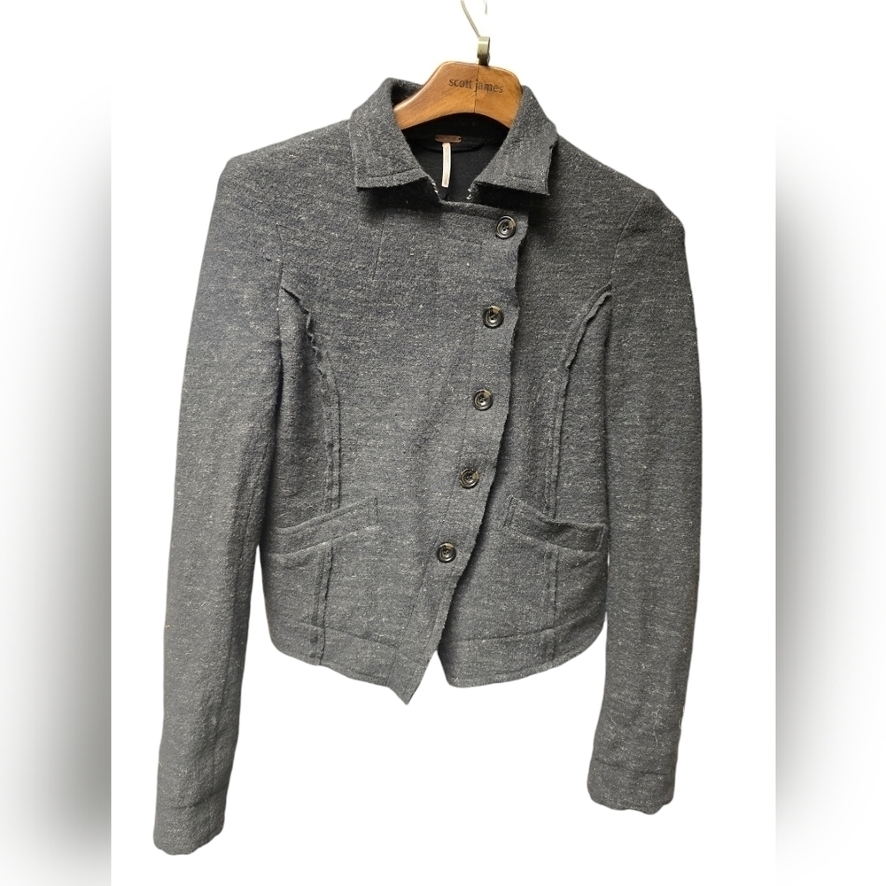 Free People Button Wool/Linen Blend Jacket Sweater Cardigan Sz Small Grey/White